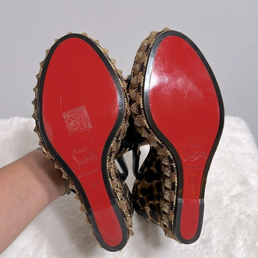 Christian Louboutin Nappa Leopard Pira Ryad 110 Wedge Sandal Black Marron 35 - Picture 10 of 13